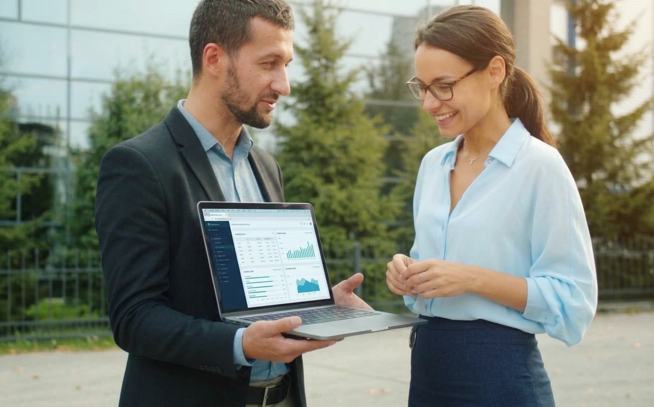 Dos profesionistas revisan juntos un tablero de indicadores en una laptop